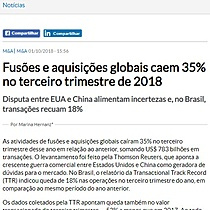 Fuses e aquisies globais caem 35% no terceiro trimestre de 2018